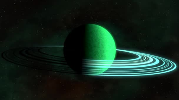 在外层空间 一个环绕着气体环的绿色行星缓慢地旋转着 — 图库视频影像
