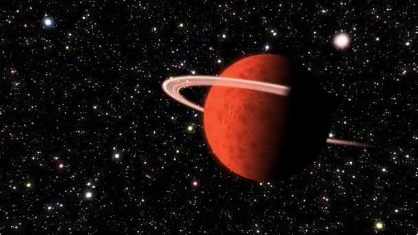 Открытом Космосе Медленно Вращается Оранжевая Планета Газовыми Кольцами Вокруг Поверхности — стоковое видео