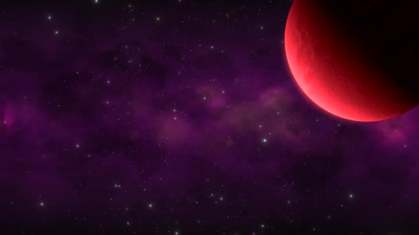 一个带有橙色行星的深空紫色星云显示恒星在气态宇宙中移动 行星左边放上复制和其他设计元素的空间 — 图库视频影像