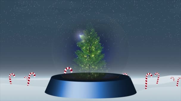 Snow Globe Forming Lighted Christmas Tree Framed Dark Snowy Wilderness — Vídeo de stock