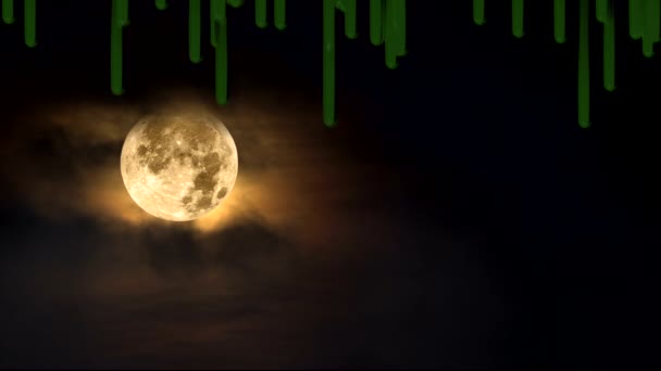 Зеленая Слизь Капает Экрана Жуткую Янтарную Луну Туманное Небо Использования — стоковое видео