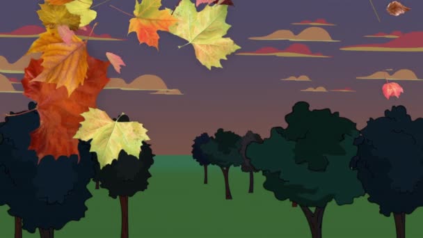 五彩斑斓的树叶落在森林的背景上 描绘着秋天形成的美丽的树叶 — 图库视频影像