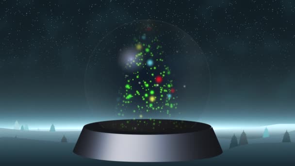 Snow Globe Forming Lighted Christmas Tree Framed Dark Snowy Wilderness — Video