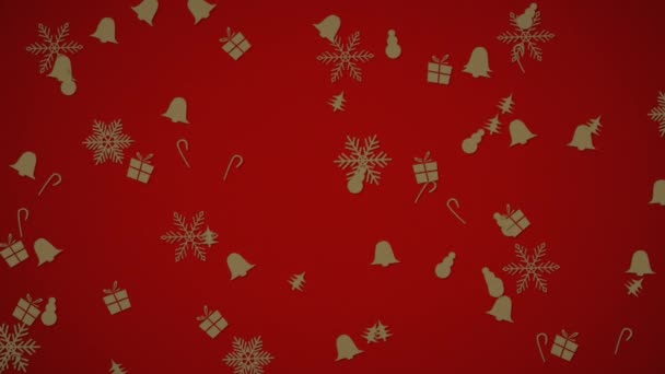 在红色背景下下落的金色动画圣诞装饰品 供假日使用 — 图库视频影像