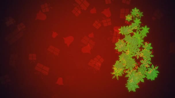在美丽的红色冬季背景下 由雪花构成的充满生机的绿色圣诞树屹立不倒 — 图库视频影像