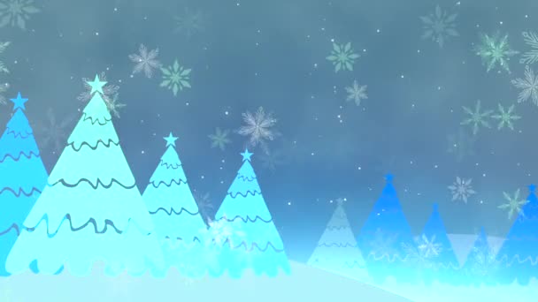 一片蓝蓝的 充满生机的森林 美丽的雪花落在灰蒙蒙的天空中 — 图库视频影像