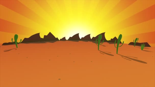 用生机勃勃 炽热的黄色升起的太阳 仙人掌和被群山环绕的沙地来描绘沙漠风景 — 图库视频影像
