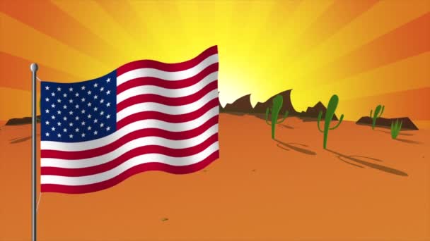 Animacja Amerykańskiej Flagi Wiszącej Nad Pustynnymi Krajobrazami Żywym Gorącym Żółtym — Wideo stockowe
