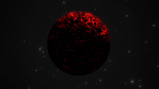 外側の宇宙の星間惑星系の背景に対してゆっくりと回転する惑星は 赤く熱く溶融した表面を持っています — ストック動画