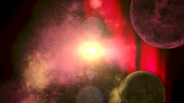 深空的边疆展示了在一个巨大的星系系统中的两颗行星 周围是红色的气态结构和明亮的恒星 它们活跃在宇宙中 — 图库视频影像