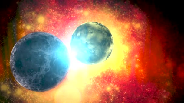 深空的边疆显示了在一个巨大的星系系统中的两颗行星 周围是红黄相间的气态结构和明亮的恒星 使星系充满活力 — 图库视频影像