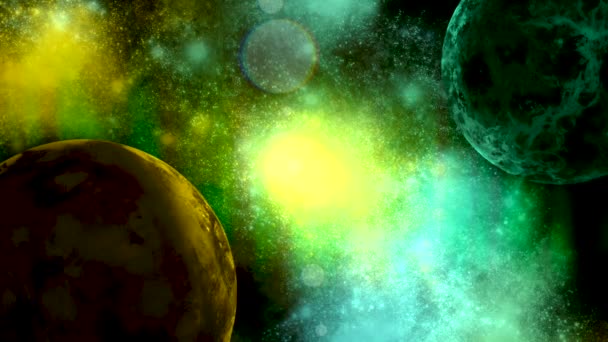 深空的边疆展示了在一个巨大的星系系统中的两颗行星 周围是五彩斑斓的气态结构和明亮的恒星 使星系充满活力 — 图库视频影像