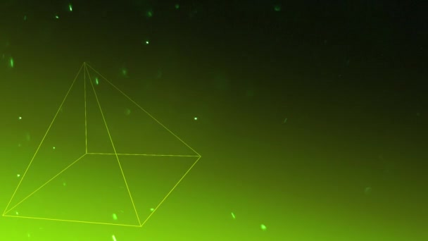 Плавающая Трехмерная Пирамида Вращается Зеленом Фоне Частицы Пыли Перемещаются Всей — стоковое видео