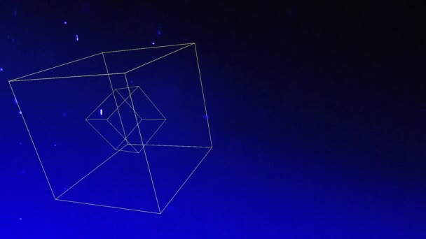 Două Cuburi Tridimensionale Plutitoare Rotesc Fundal Albastru Măsură Particulele Praf — Videoclip de stoc