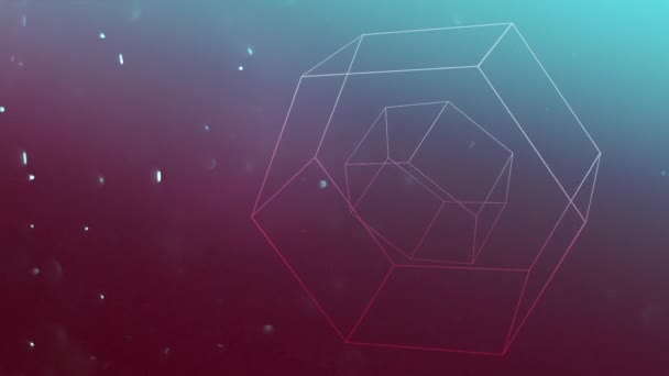 Floating Three Dimensional Hexagon Shape Rotates Red Blue Background Dust — Vídeos de Stock