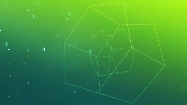Floating Three Dimensional Hexagon Shape Rotates Green Background Dust Particles — Vídeo de Stock