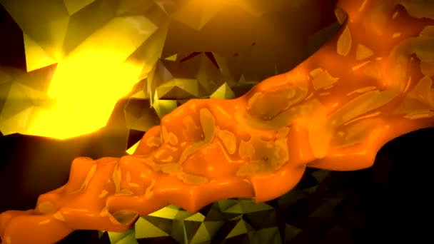 Оранжевый Поток Трёхмерной Жидкости Протекает Против Жёлтых Анимированных Форм Изображающих — стоковое видео