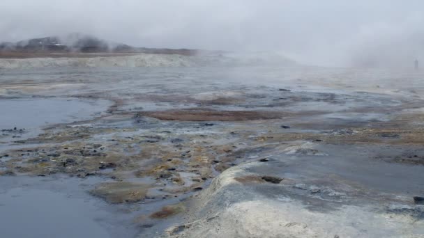 Přírodní Pára Vycházející Sopečných Průduchů Zemi Hverir Islandu Nedaleko Jezera — Stock video