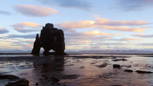 朝の日の出の間にアイスランドのビーチ沿いの恐竜岩は冷たい海岸線に対して美しく反射します — ストック動画