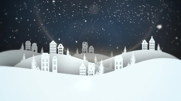 Una Animada Escena Ciudad Navidad Por Noche Muestra Nieve Cayendo — Vídeos de Stock