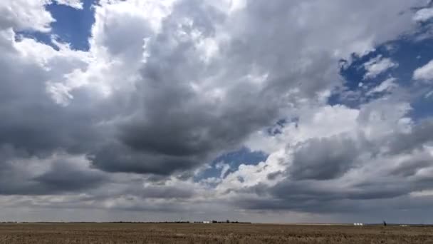 White Puffy Clouds Cross Vast Expanse Rural Farm Field Midwest — Stock Video