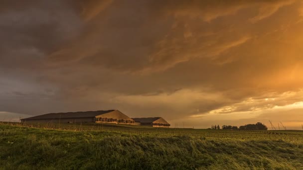 2つの穀物貯蔵施設に囲まれた中西部の農業コミュニティを通過する日没時の劇的なオレンジ色の嵐 — ストック動画