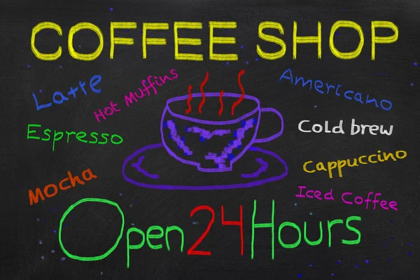 コーヒーショップのチョークボード看板は 様々な飲み物やホットフードを提供しています ストック画像