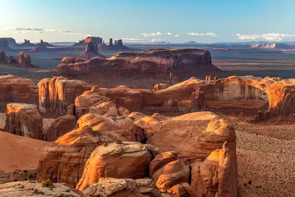 stock image Rugged Monument Valley at Hunt's Mesa with iconic butte, spire and mitten formations used as a backdrop in many old western movies.