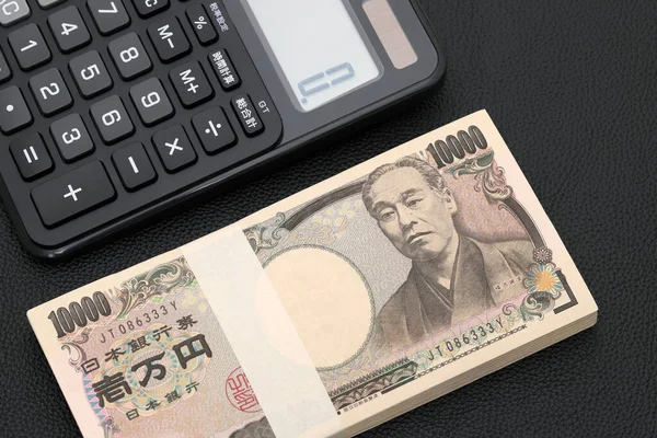Японська Грошова Одиниця Калькулятор Заробітної Плати Банкноти Написані Японською Мовою Ліцензійні Стокові Фото