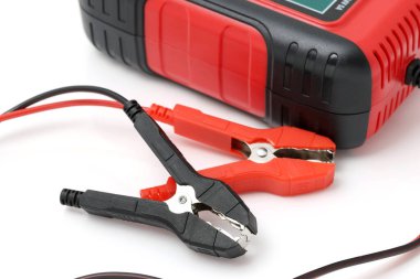 Beyaz arkaplanda timsah derisi klipsli akü şarjı. 