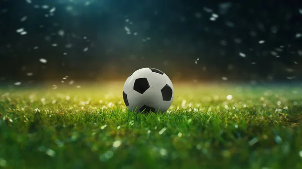 Soccer Stadium Field of soft grass, perspective view with soccer ball close-up.