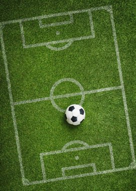 Taktik poster olarak futbol topu olan yeşil çimen desenli. Kopyalama alanı olan futbol stratejisi.