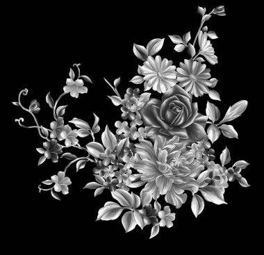 3 Boyutlu düğün çiçekleri, gümüş çiçekleri, metalik düğün çiçekleri tasarımı, lüks metalik çiçek arkaplanı, çiçek illüstrasyonu