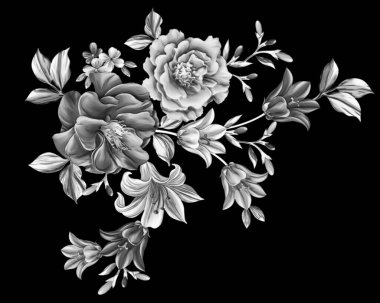3 Boyutlu düğün çiçekleri, gümüş çiçekleri, metalik düğün çiçekleri tasarımı, lüks metalik çiçek arkaplanı, çiçek illüstrasyonu