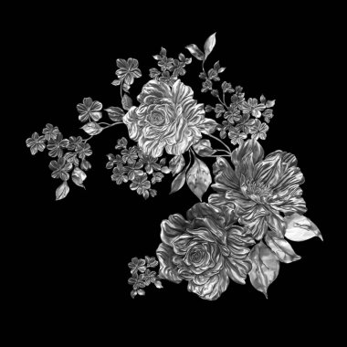 3 Boyutlu düğün çiçekleri, gümüş çiçekleri, metalik düğün çiçekleri tasarımı, lüks metalik çiçek arkaplanı, çiçek illüstrasyonu