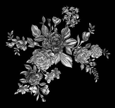 3 Boyutlu düğün çiçekleri, gümüş çiçekleri, metalik düğün çiçekleri tasarımı, lüks metalik çiçek arkaplanı, çiçek illüstrasyonu