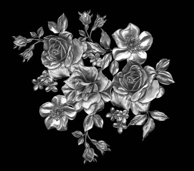 3 Boyutlu düğün çiçekleri, gümüş çiçekleri, metalik düğün çiçekleri tasarımı, lüks metalik çiçek arkaplanı, çiçek illüstrasyonu