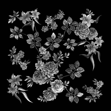 3 Boyutlu düğün çiçekleri, gümüş çiçekleri, metalik düğün çiçekleri tasarımı, lüks metalik çiçek arkaplanı, çiçek illüstrasyonu