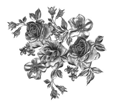 3 Boyutlu düğün çiçekleri, gümüş çiçekleri, metalik düğün çiçekleri tasarımı, lüks metalik çiçek arkaplanı, çiçek illüstrasyonu