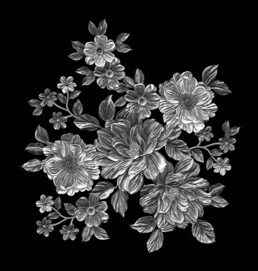 3 Boyutlu düğün çiçekleri, gümüş çiçekleri, metalik düğün çiçekleri tasarımı, lüks metalik çiçek arkaplanı, çiçek illüstrasyonu