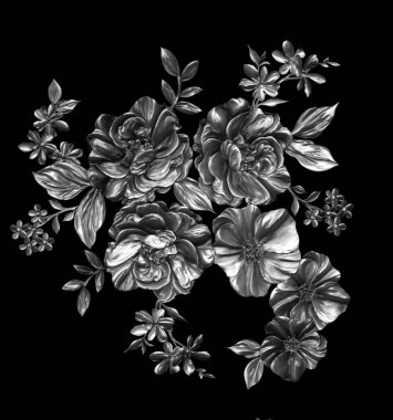 3 Boyutlu düğün çiçekleri, gümüş çiçekleri, metalik düğün çiçekleri tasarımı, lüks metalik çiçek arkaplanı, çiçek illüstrasyonu