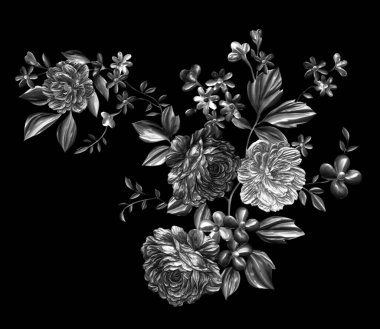 3 Boyutlu düğün çiçekleri, gümüş çiçekleri, metalik düğün çiçekleri tasarımı, lüks metalik çiçek arkaplanı, çiçek illüstrasyonu