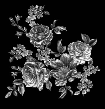 3 Boyutlu düğün çiçekleri, gümüş çiçekleri, metalik düğün çiçekleri tasarımı, lüks metalik çiçek arkaplanı, çiçek illüstrasyonu