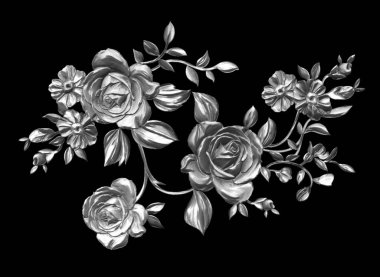 3 Boyutlu düğün çiçekleri, gümüş çiçekleri, metalik düğün çiçekleri tasarımı, lüks metalik çiçek arkaplanı, çiçek illüstrasyonu