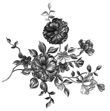 3 Boyutlu düğün çiçekleri, gümüş çiçekleri, metalik düğün çiçekleri tasarımı, lüks metalik çiçek arkaplanı, çiçek illüstrasyonu