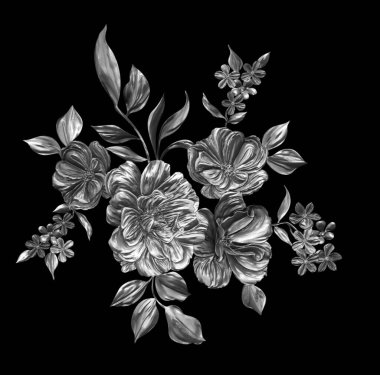 3 Boyutlu düğün çiçekleri, gümüş çiçekleri, metalik düğün çiçekleri tasarımı, lüks metalik çiçek arkaplanı, çiçek illüstrasyonu