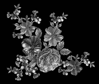 3 Boyutlu düğün çiçekleri, gümüş çiçekleri, metalik düğün çiçekleri tasarımı, lüks metalik çiçek arkaplanı, çiçek illüstrasyonu