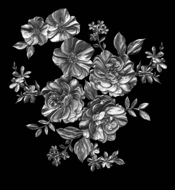 3 Boyutlu düğün çiçekleri, gümüş çiçekleri, metalik düğün çiçekleri tasarımı, lüks metalik çiçek arkaplanı, çiçek illüstrasyonu