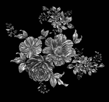 3 Boyutlu düğün çiçekleri, gümüş çiçekleri, metalik düğün çiçekleri tasarımı, lüks metalik çiçek arkaplanı, çiçek illüstrasyonu