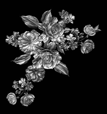 3 Boyutlu düğün çiçekleri, gümüş çiçekleri, metalik düğün çiçekleri tasarımı, lüks metalik çiçek arkaplanı, çiçek illüstrasyonu